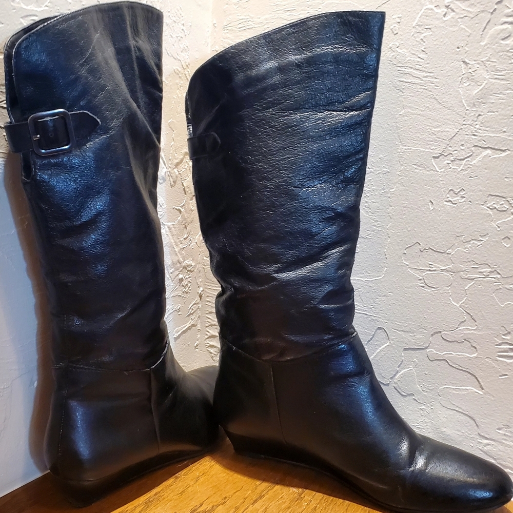 Steve Madden P-Indira 8.5 Black Leather 1" Wedge Heel Knee Boot Adjustable Strap